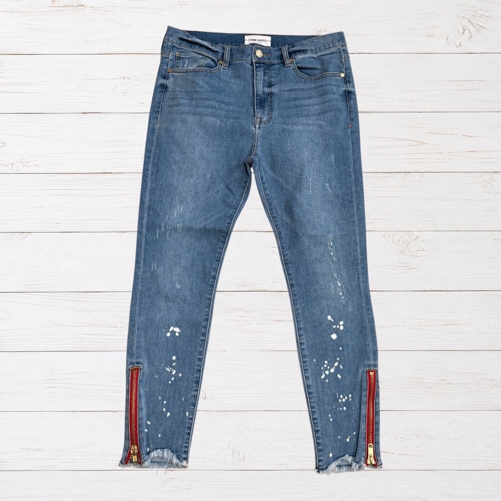 Etienne Marcel EM1010S Skinny Jeans Blue Splatter Red Ankle Zip Indie Sleaze 31